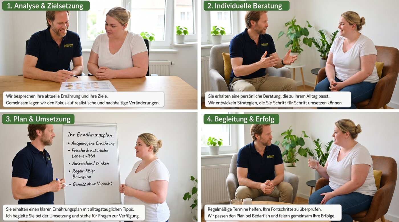 4 Schritte: Analyse & Zielsetzung, Individuelle Beratung, Plan & Umsetzung, Begleitung & Erfolg